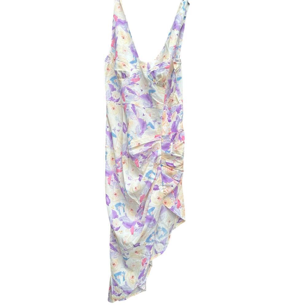 ZAFUL Draped Ruched Abstract Floral Underbust Thigh Split Midi Dress -size-6